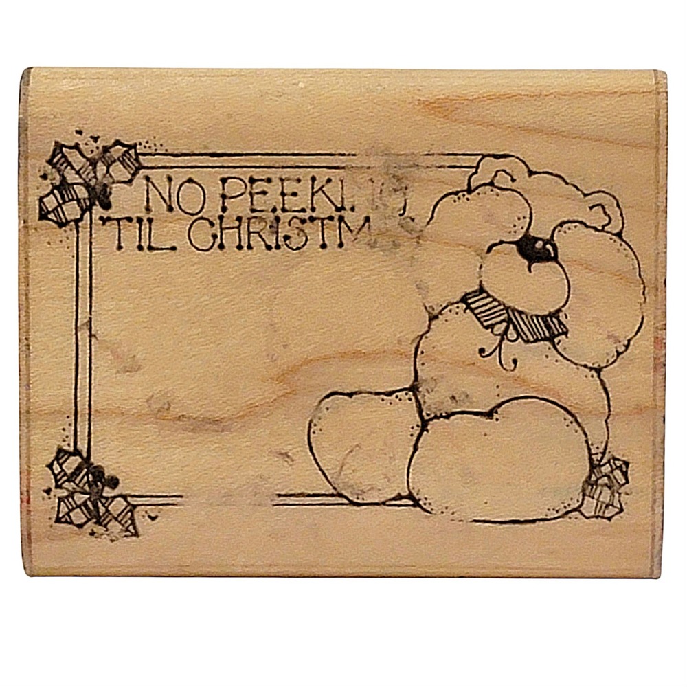 VTG 80s DOTS No Peeking Bear‎ Christmas Rubber Stamp N106 1989 2.25x3 Wood Mount